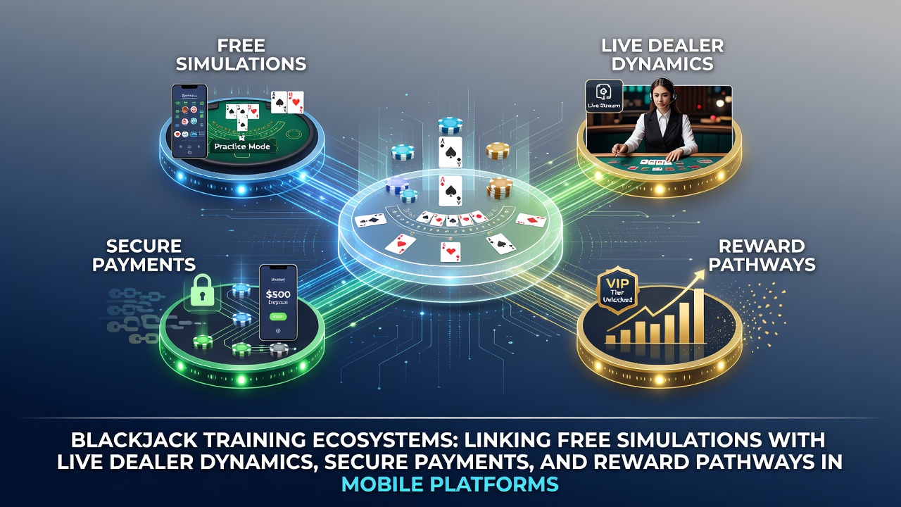 Darstellung eines mobilen Blackjack-Trainingsökosystems mit Simulations- und Live-Dealer-Elementen
