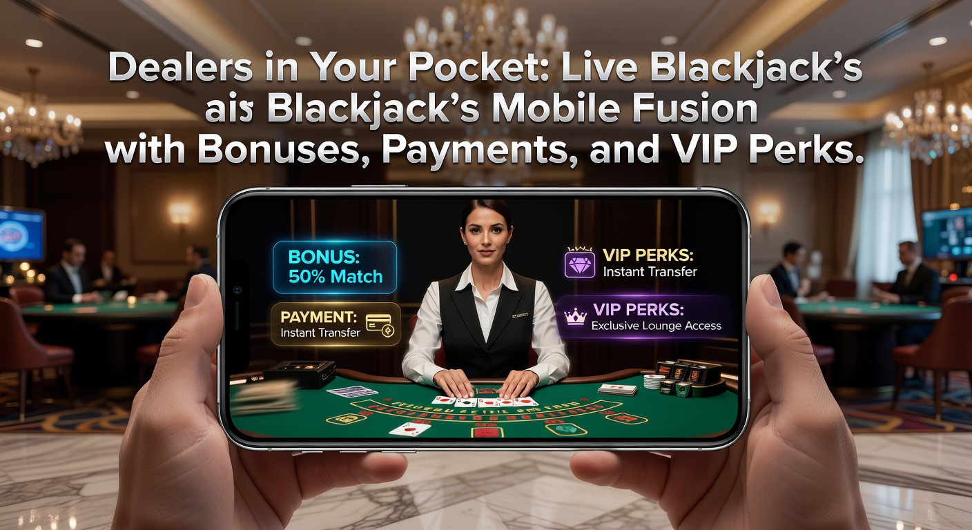 Smartphone mit Live-Blackjack-Tisch und Dealer auf dem Bildschirm, umgeben von Bonus-Symbolen und Zahlungsmethoden